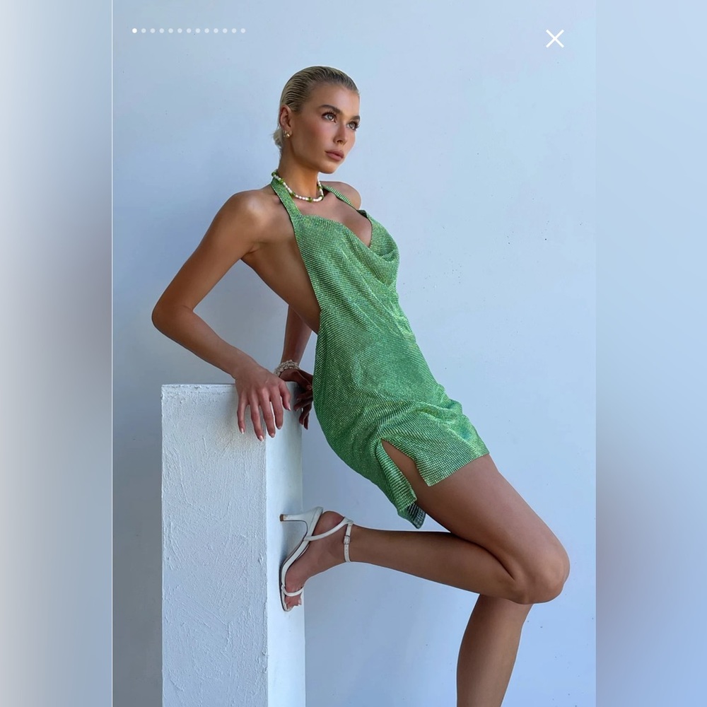 MESHKI Meilani Low Back Diamante Mesh Mini Dress. Size L